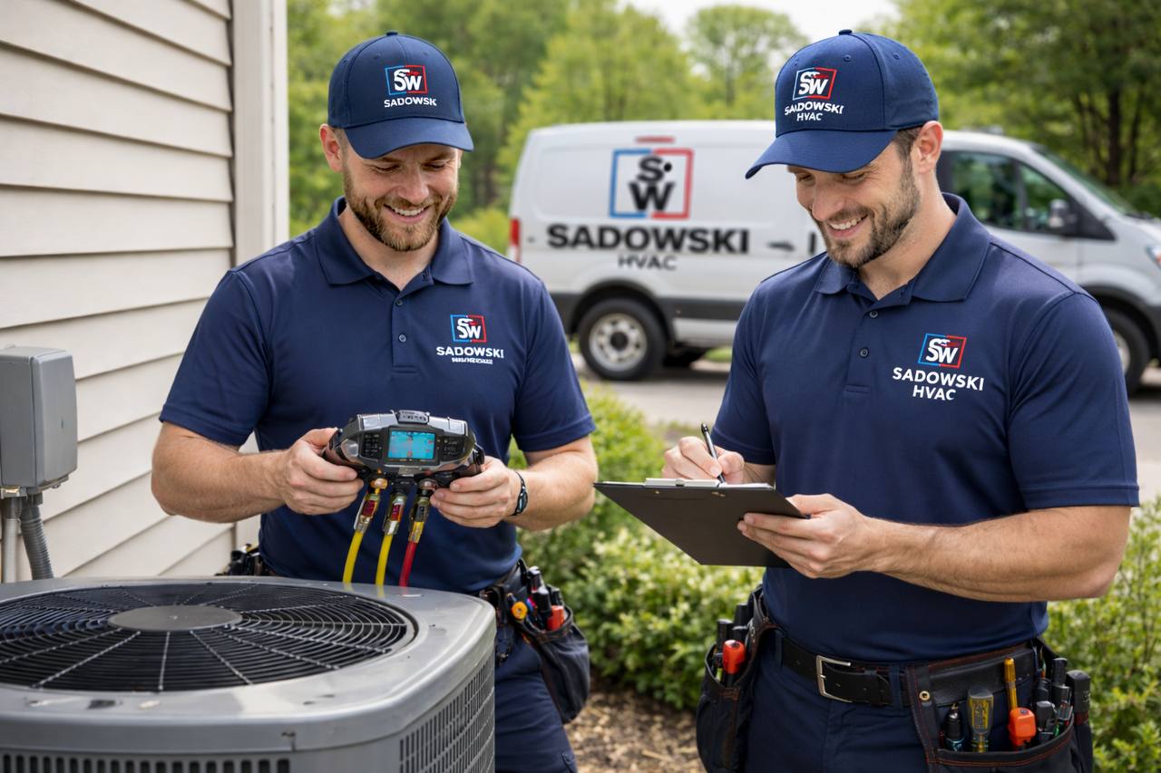 Sadowski HVAC technician diagnosing air conditioning equipment in Linden, New Jersey