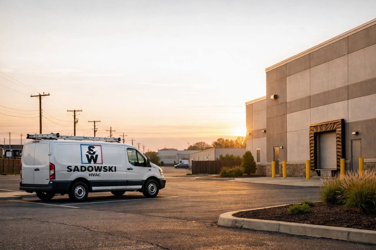 Commercial HVAC service vehicle arriving at a New Jersey business